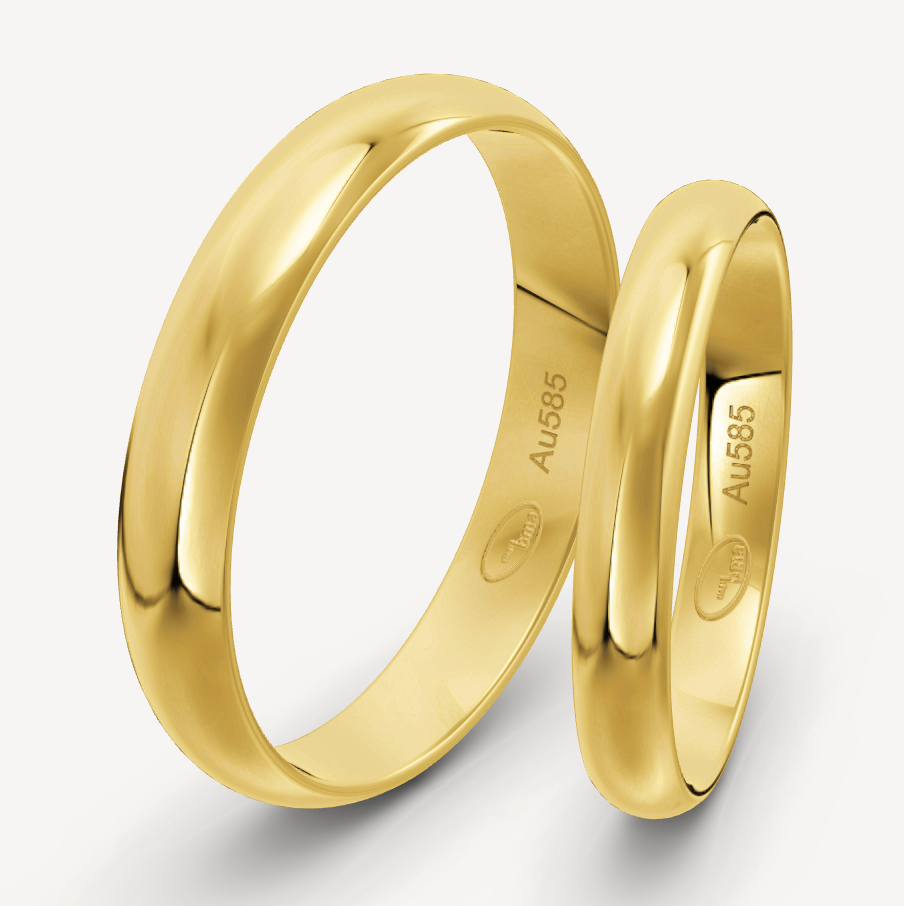 aanbieding 14 kt geel gouden klassieke trouwringen set.De Heren ring is 4 mm breed met een dikte van 1.4 mm. De Damesring is 3 mm breed met een dikte van 1.3 mm. Maat 64 & 54 €875