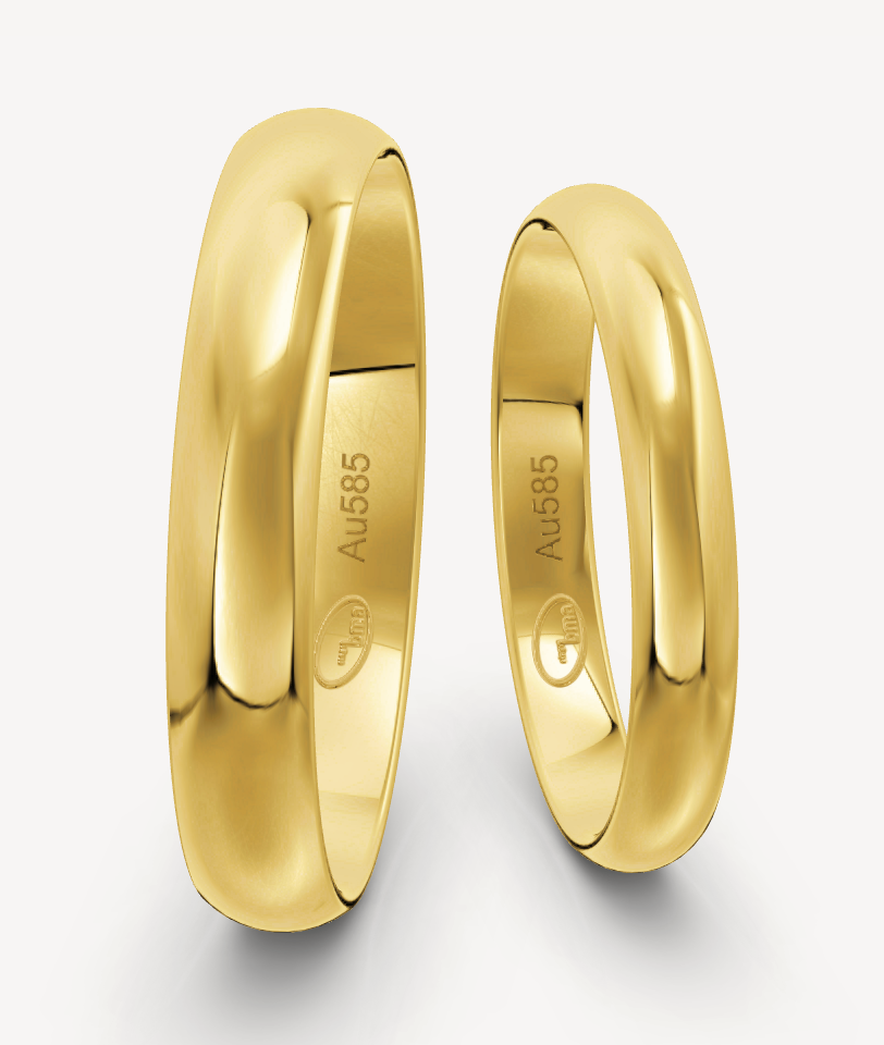 aanbieding 14 kt geel gouden klassieke trouwringen set.De Heren ring is 4 mm breed met een dikte van 1.4 mm. De Damesring is 3 mm breed met een dikte van 1.3 mm. Maat 64 & 54 €875