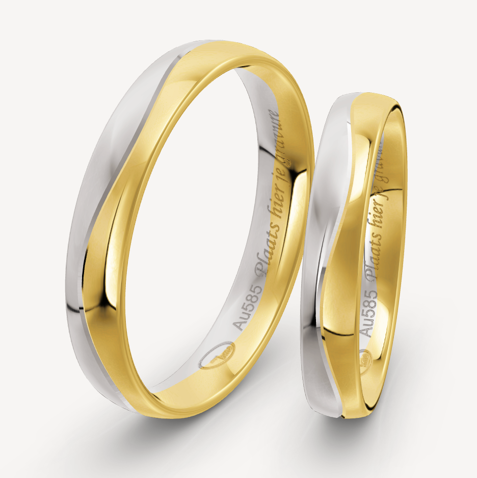 14 kt bicolor trouwringenset van geel en wit goud in een golvend design. De herenring is 4 mm breed en heeft een dikte van 1.4 mm. De damesring is 3.5 mm breed en heeft een dikte van 1.3 mm.