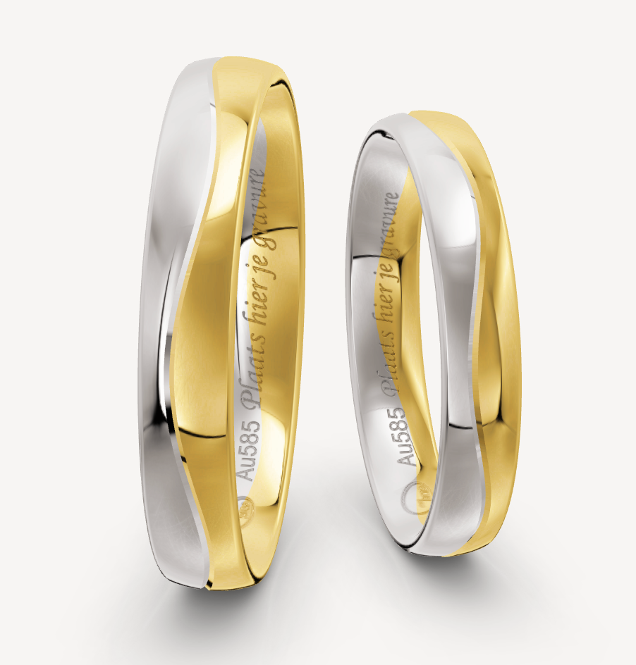 14 kt bicolor trouwringenset van geel en wit goud in een golvend design. De herenring is 4 mm breed en heeft een dikte van 1.4 mm. De damesring is 3.5 mm breed en heeft een dikte van 1.3 mm.