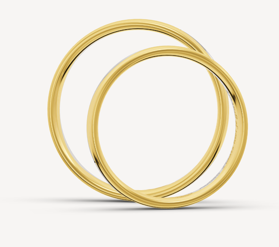 14 kt bicolor trouwringenset van geel en wit goud in een golvend design. De herenring is 4 mm breed en heeft een dikte van 1.4 mm. De damesring is 3.5 mm breed en heeft een dikte van 1.3 mm.