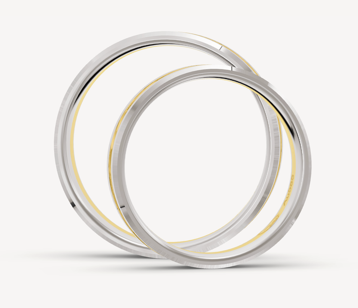 14 karaat wit gouden en geel gouden bicolor trouwringen set. De Heren ring is 5 mm breed en 1.5 mm hoog. De dames ring is 4 mm breed en 1.4 mm hoog. De witgouden banen zijn glanzend gepolijst en de binnenste geel gouden baan is breed gehamerd. €1250