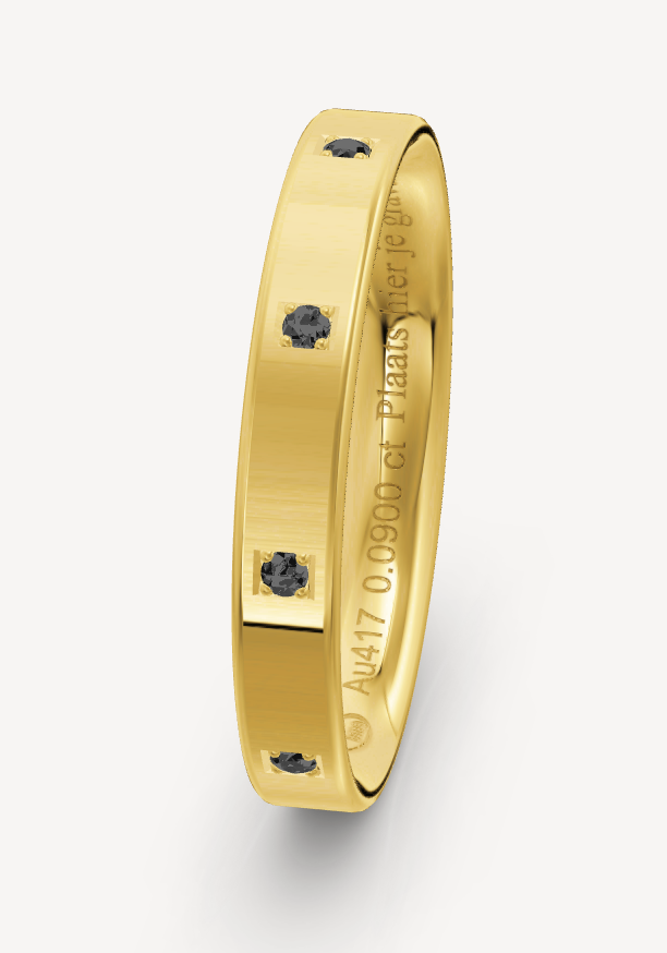 10 karaats geel gouden ring van 2.13 grsm en 3 mm breed. Bezet met 9 briljant geslepen diamanten met een totaalgewicht van 0.09crt Kleur: Zwart RingID: BMALDUCEJZ30