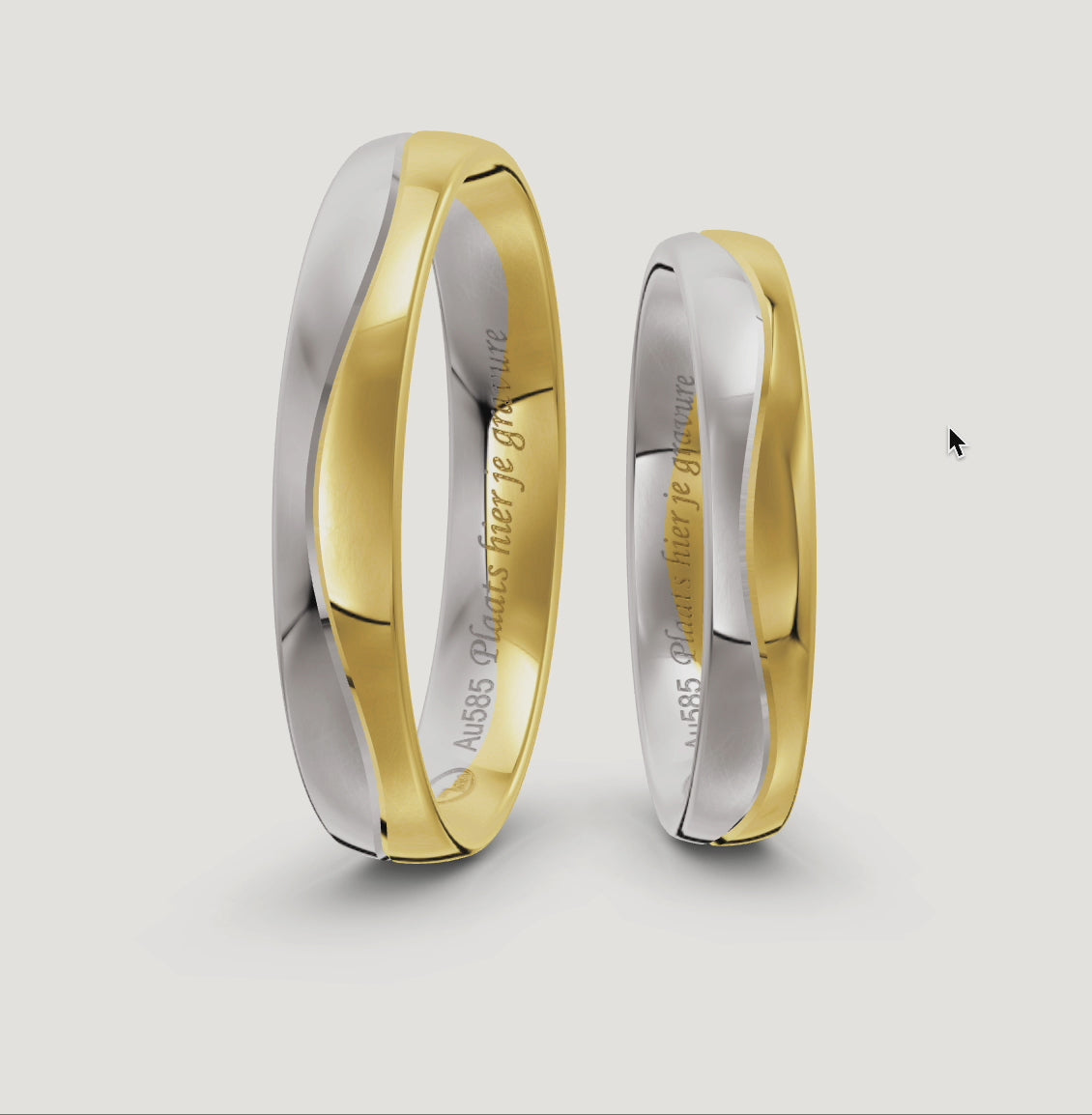 14 kt bicolor trouwringenset van geel en wit goud in een golvend design. De herenring is 4 mm breed en heeft een dikte van 1.4 mm. De damesring is 3.5 mm breed en heeft een dikte van 1.3 mm.