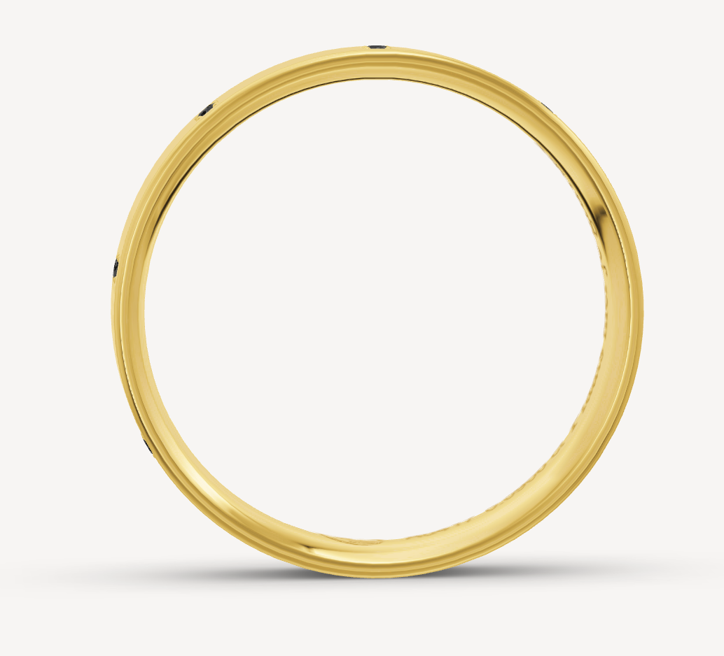 10 karaat geel gouden glad gepolijste vriendschapsring voor heren van 4 mm breed. Bezet met 9 briljant geslepen zwarte diamanten met een totaalgewicht van 0.09 crt. Zetting: Pavé