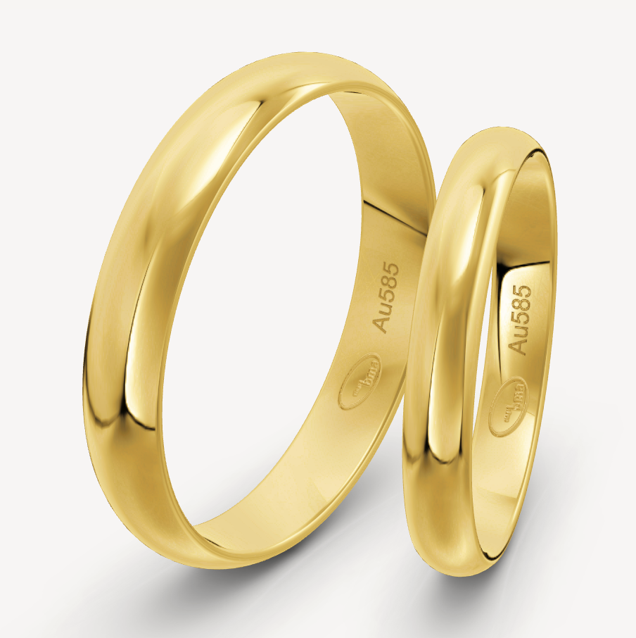 aanbieding 14 kt geel gouden klassieke trouwringen set.De  Heren ring is 4 mm breed met een dikte van 1.4 mm. De Damesring is 3 mm breed met een dikte van 1.3 mm. Maat 64 & 54 €875