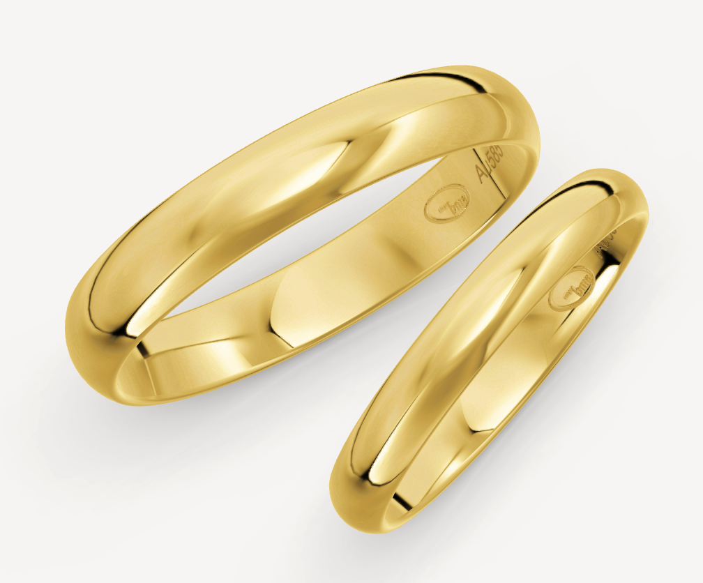 aanbieding 14 kt geel gouden klassieke trouwringen set.De  Heren ring is 4 mm breed met een dikte van 1.4 mm. De Damesring is 3 mm breed met een dikte van 1.3 mm. Maat 64 & 54 €875