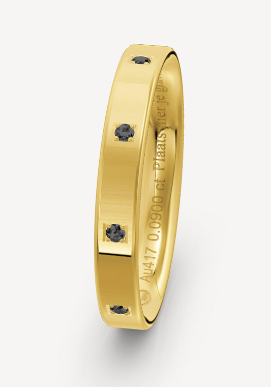 10 karaats geel gouden ring van 2.13 grsm en 3 mm breed. Bezet met 9 briljant geslepen diamanten met een totaalgewicht van 0.09crt Kleur: Zwart RingID: BMALDUCEJZ30