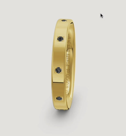 10 karaats geel gouden ring van 2.13 grsm en 3 mm breed. Bezet met 9 briljant geslepen diamanten met een totaalgewicht van 0.09crt Kleur: Zwart RingID: BMALDUCEJZ30